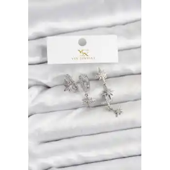 Pirinç Gümüş Renk Zirkon Taşlı Kutup Yıldızı Model YSX Trio Küpe Seti