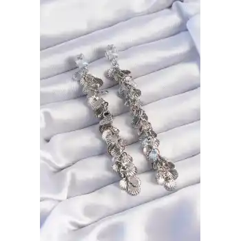 Pirinç Gümüş Renk Zirkon Taşlı Minimal Deniz Kabuklu Sallantılı Küpe