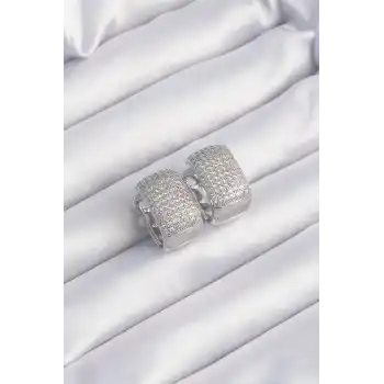 Pirinç Gümüş Renk Zirkon Taşlı Minimal Halka Küpe