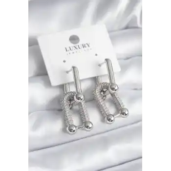 Pirinç Gümüş Renk Zirkon Taşlı Model VIP Seri Kadın Küpe