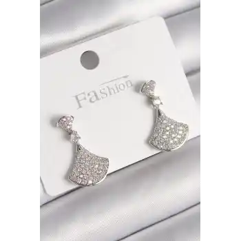 Pirinç Gümüş Renk Zirkon Taşlı Motif Model Kadın Küpe