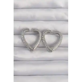 Pirinç Gümüş Renk Zirkon Taşlı Motifli Kalp Küpe