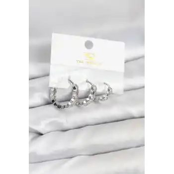 Pirinç Gümüş Renk Zirkon Taşlı Petek Halka Model YSX Trio Küpe Seti