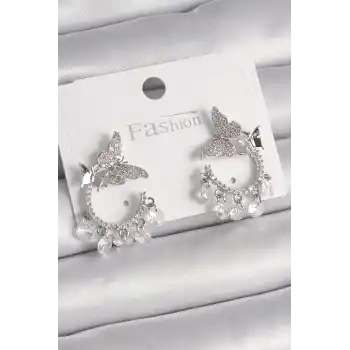 Pirinç Gümüş Renk Zirkon Taşlı Sallantı Detay Kelebek Model Kadın Küpe