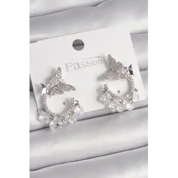 Pirinç Gümüş Renk Zirkon Taşlı Sallantı Detay Kelebek Model Kadın Küpe