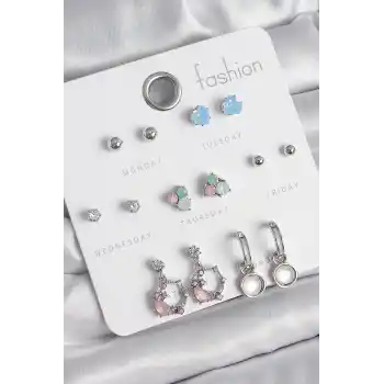 Pirinç Gümüş Renk Zirkon Taşlı Sallantı Halka Model Çiçek Detay 7 Çift Kadın Küpe Seti