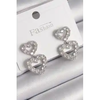 Pirinç Gümüş Renk Zirkon Taşlı Sallantı Kalp Model Kadın Küpe