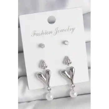 Pirinç Gümüş Renk Zirkon Taşlı Sallantılı Kalp Model 3 Çift Kadın Küpe Seti