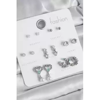 Pirinç Gümüş Renk Zirkon Taşlı Sallantılı Kalp Model Çiçek Detay 7 Çift Kadın Küpe Seti