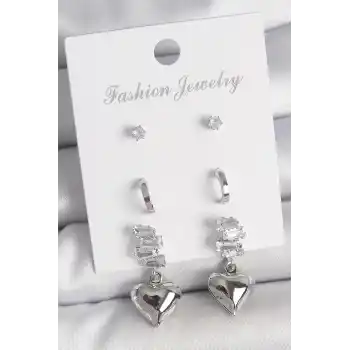 Pirinç Gümüş Renk Zirkon Taşlı Sallantılı Kalp Model Yarım Halka Detay 3 Çfit Kadın Küpe Seti