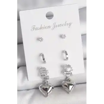 Pirinç Gümüş Renk Zirkon Taşlı Sallantılı Kalp Model Yarım Halka Detay 3 Çfit Kadın Küpe Seti