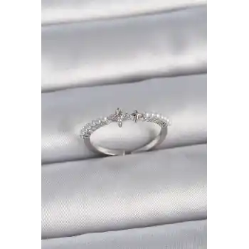 Pirinç Gümüş Renk Zirkon Taşlı Sıralı İnci Ayarlanabilir Model Kadın Yüzük