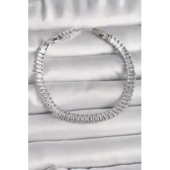 Pirinç Gümüş Renk Zirkon Taşlı Su Yolu Model Kadın Bileklik