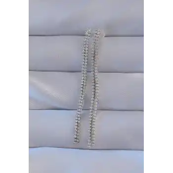 Pirinç Gümüş Renk Zirkon Taşlı Su Yolu Model Küpe