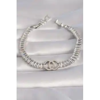 Pirinç Gümüş Renk Zirkon Taşlı Su Yolu Model VIP Seri Kadın Bileklik
