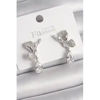 Pirinç Gümüş Renk Zirkon Taşlı Turna Kuşu Model Sallantı Detay Kadın Küpe