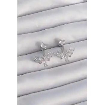 Pirinç Gümüş Renk Zirkon Taşlı V Model Küpe