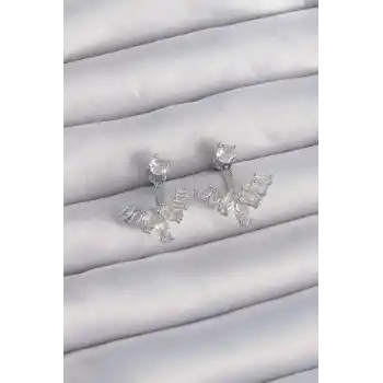 Pirinç Gümüş Renk Zirkon Taşlı V Model Küpe
