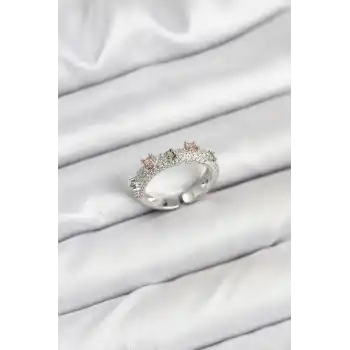 Pirinç Gümüş Renk Zirkon Taşlı Vintage Kadın Yüzük