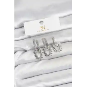 Pirinç Gümüş Renk Zirkon Taşlı Vintage Model YSX Trio Küpe Seti