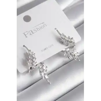 Pirinç Gümüş Renk Zirkon Taşlı Yaprak Model Kadın Küpe