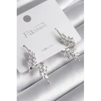 Pirinç Gümüş Renk Zirkon Taşlı Yaprak Model Kadın Küpe