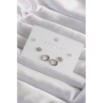 Pirinç Gümüş Renk Zirkon Taşlı Yaprak Model Küpe Seti