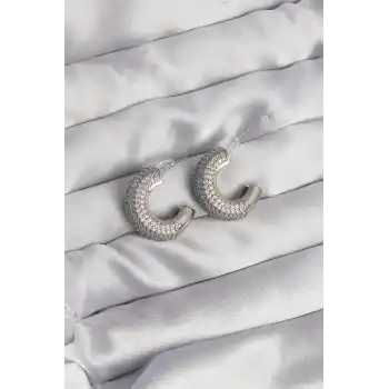 Pirinç Gümüş Renk Zirkon Taşlı Yarım Halka Küpe