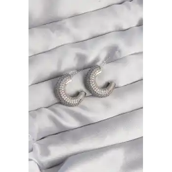 Pirinç Gümüş Renk Zirkon Taşlı Yarım Halka Küpe