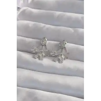 Pirinç Gümüş Renk Zirkon Taşlı Yassı Fiyonk Model Küpe