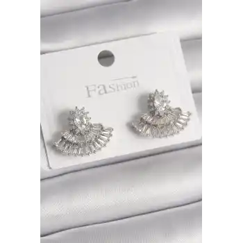 Pirinç Gümüş Renk Zirkon Taşlı Yelpaze Model Kadın Küpe