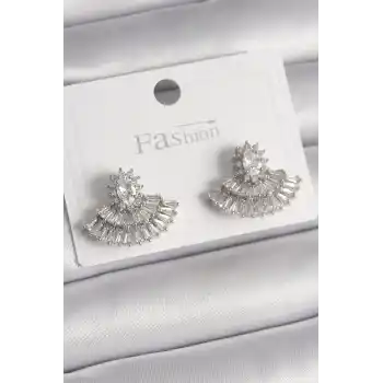 Pirinç Gümüş Renk Zirkon Taşlı Yelpaze Model Kadın Küpe