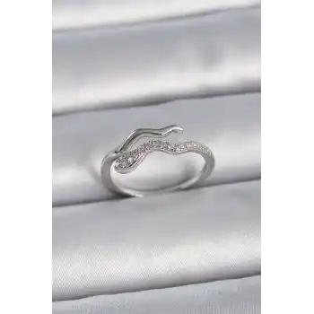 Pirinç Gümüş Renk Zirkon Taşlı Yılan Ayarlanabilir Model Kadın Yüzük
