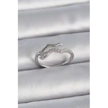 Pirinç Gümüş Renk Zirkon Taşlı Yılan Ayarlanabilir Model Kadın Yüzük