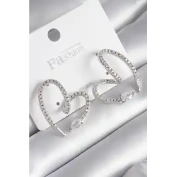 Pirinç Gümüş Renk Zirkon Taşlı Yılan Kalp Model Kadın Küpe