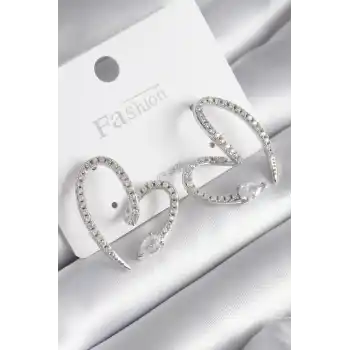 Pirinç Gümüş Renk Zirkon Taşlı Yılan Kalp Model Kadın Küpe