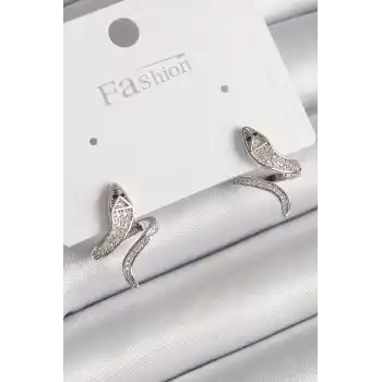 Pirinç Gümüş Renk Zirkon Taşlı Yılan Model Kadın Küpe