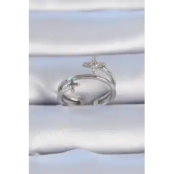 Pirinç Gümüş Renk Zirkon Taşlı Yıldız Model Kadın Yüzük