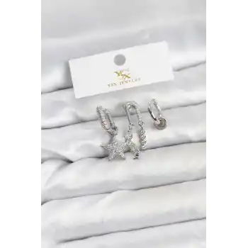 Pirinç Gümüş Renk Zirkon Taşlı Yıldız Vintage Model YSX Trio Küpe Seti