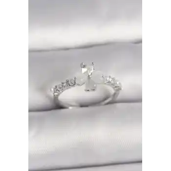 Pirinç Gümüş Renk Zirkon Taşlı Yonca Model İnci Detay Ayarlanabilir Yüzük