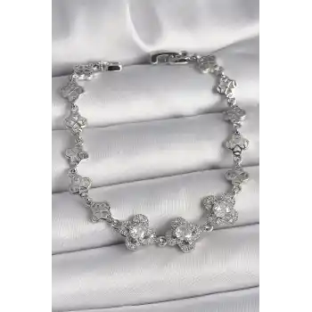 Pirinç Gümüş Renk Zirkon Taşlı Yonca Model Kadın Bileklik