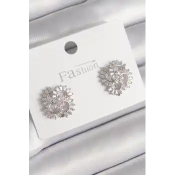 Pirinç Gümüş Renk Zirkon Taşlı Yonca Model Kadın Küpe