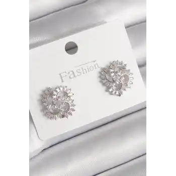 Pirinç Gümüş Renk Zirkon Taşlı Yonca Model Kadın Küpe