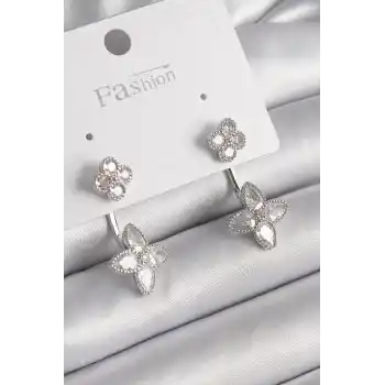 Pirinç Gümüş Renk Zirkon Taşlı Yonca Model Kadın Küpe