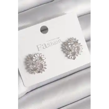 Pirinç Gümüş Renk Zirkon Taşlı Yonca Model Kadın Küpe
