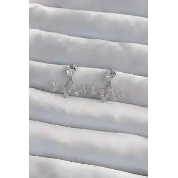 Pirinç Gümüş Renk Zirkon Taşlı Zikzak Küpe