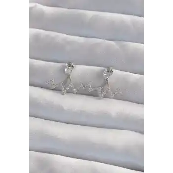 Pirinç Gümüş Renk Zirkon Taşlı Zikzak Küpe