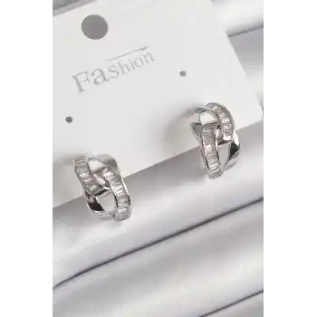 Pirinç Gümüş Renk Zirkon Taşlı Zincir Model Kadın Küpe