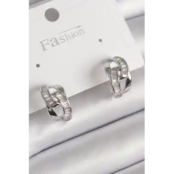 Pirinç Gümüş Renk Zirkon Taşlı Zincir Model Kadın Küpe