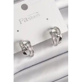 Pirinç Gümüş Renk Zirkon Taşlı Zincir Model Kadın Küpe